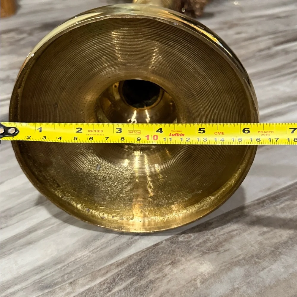 Vintage Tall ornate Etched Shiny Brass Vase 17 in w glittery gold arrangement